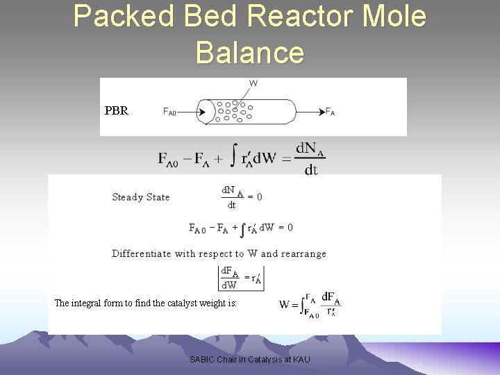 Packed Bed Reactor Mole Balance PBR The integral form to find the catalyst weight