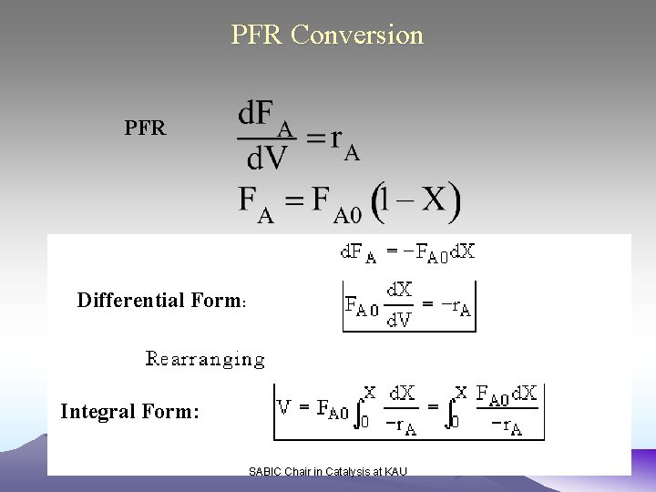 PFR Conversion PFR Differential Form: Integral Form: SABIC Chair in Catalysis at KAU 