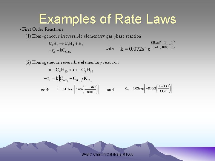 Examples of Rate Laws • First Order Reactions (1) Homogeneous irreversible elementary gas phase