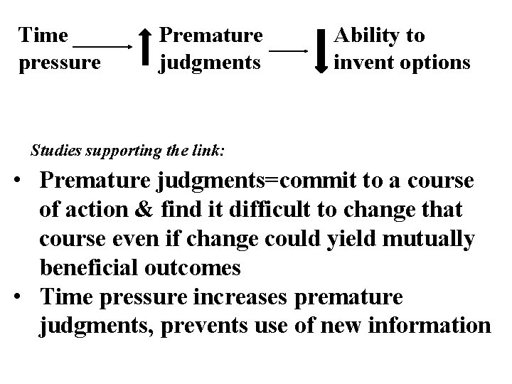 Time pressure Premature judgments Ability to invent options Studies supporting the link: • Premature