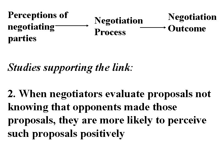 Perceptions of negotiating parties Negotiation Process Negotiation Outcome Studies supporting the link: 2. When