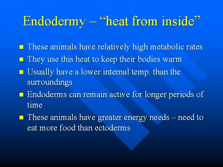 Endodermy – “heat from inside” n n n These animals have relatively high metabolic