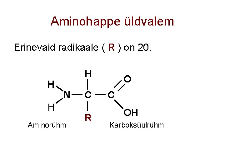 Aminohappe üldvalem Erinevaid radikaale ( R ) on 20. H H N H Aminorühm