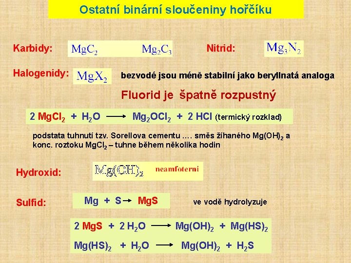 Ostatní binární sloučeniny hořčíku Karbidy: Halogenidy: Nitrid: bezvodé jsou méně stabilní jako beryllnatá analoga