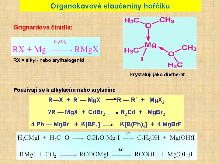 Organokovové sloučeniny hořčíku Grignardova činidla: RX = alkyl- nebo arylhalogenid krystalují jako dietherát Používají