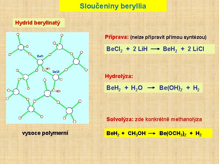 Sloučeniny beryllia Hydrid beryllnatý Příprava: (nelze připravit přímou syntézou) Be. Cl 2 + 2