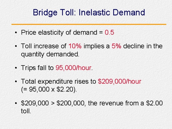 Bridge Toll: Inelastic Demand • Price elasticity of demand = 0. 5 • Toll