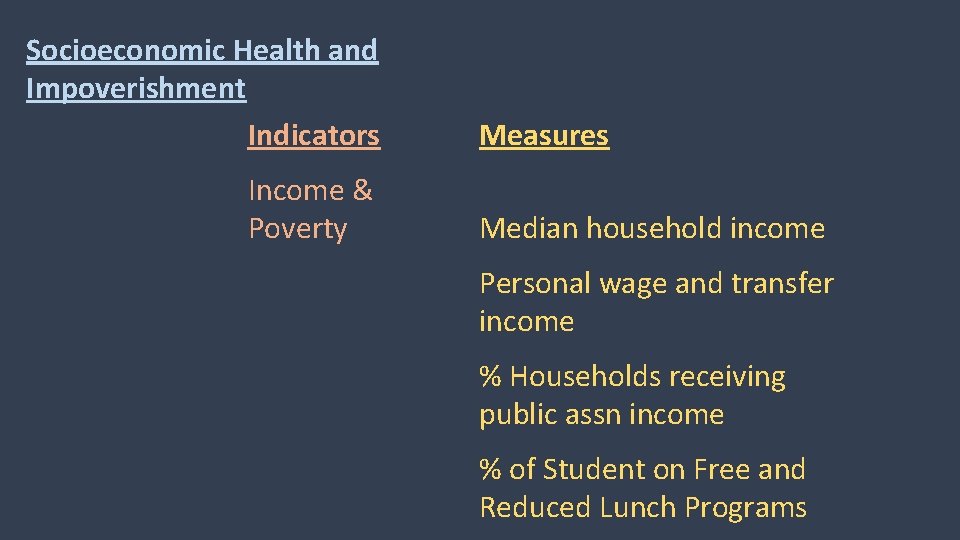 Socioeconomic Health and Impoverishment Indicators Income & Poverty Measures Median household income Personal wage