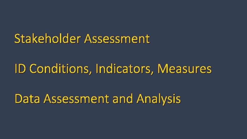 Stakeholder Assessment ID Conditions, Indicators, Measures Data Assessment and Analysis 