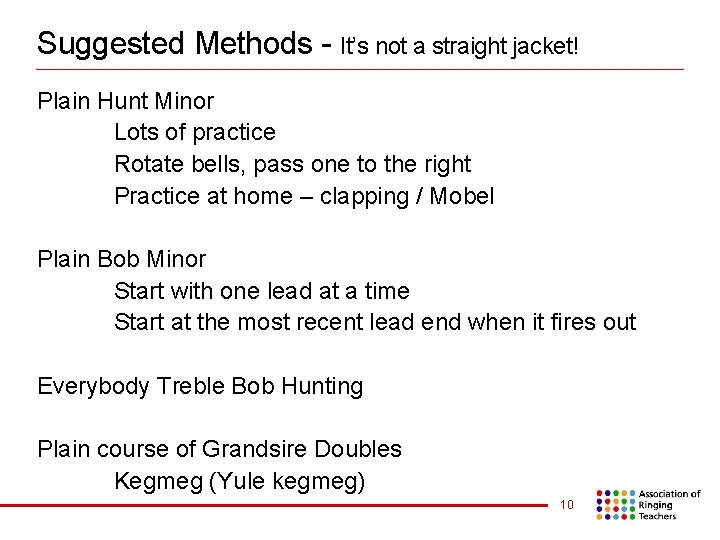 Suggested Methods - It’s not a straight jacket! Plain Hunt Minor Lots of practice