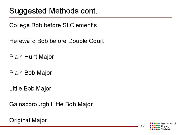 Suggested Methods cont. College Bob before St Clement’s Hereward Bob before Double Court Plain