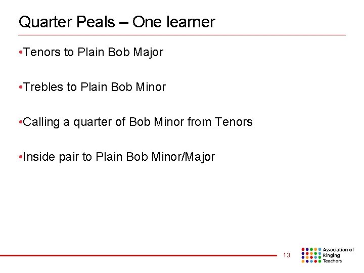Quarter Peals – One learner • Tenors to Plain Bob Major • Trebles to