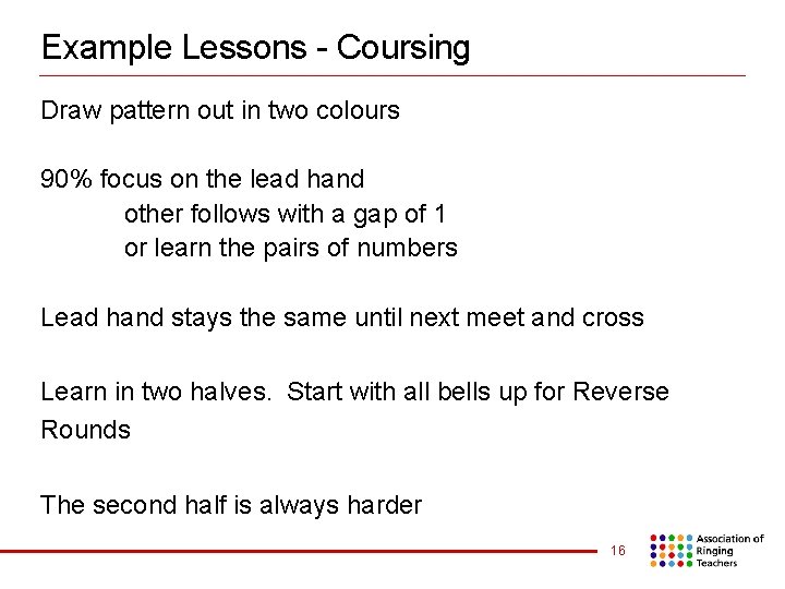 Example Lessons - Coursing Draw pattern out in two colours 90% focus on the