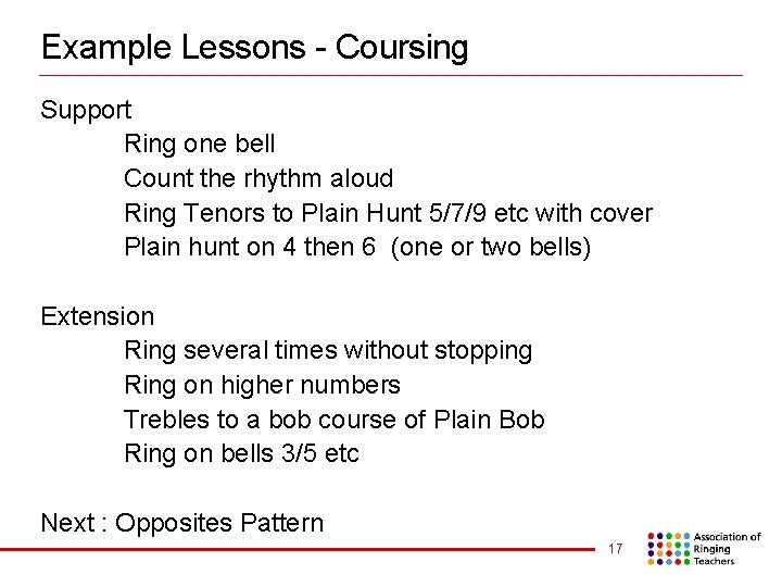 Example Lessons - Coursing Support Ring one bell Count the rhythm aloud Ring Tenors