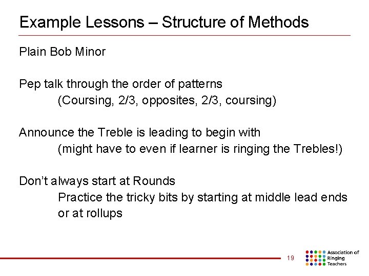 Example Lessons – Structure of Methods Plain Bob Minor Pep talk through the order
