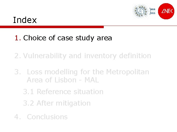 Index 1. Choice of case study area 2. Vulnerability and inventory definition 3. Loss