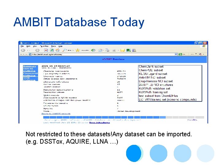 AMBIT Database Today Not restricted to these datasets!Any dataset can be imported. (e. g.