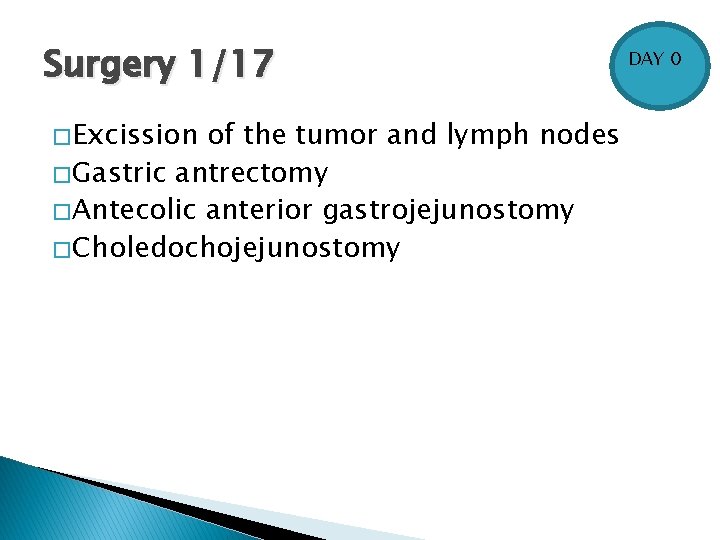 Surgery 1/17 � Excission of the tumor and lymph nodes � Gastric antrectomy �