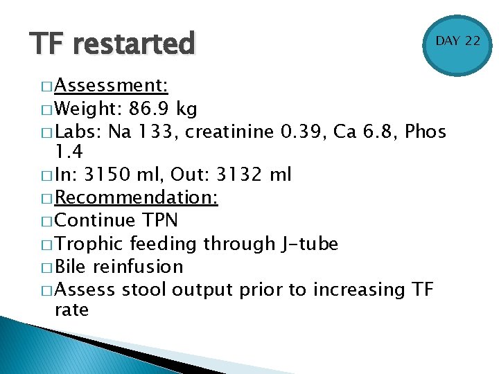 TF restarted � Assessment: � Weight: DAY 22 86. 9 kg � Labs: Na