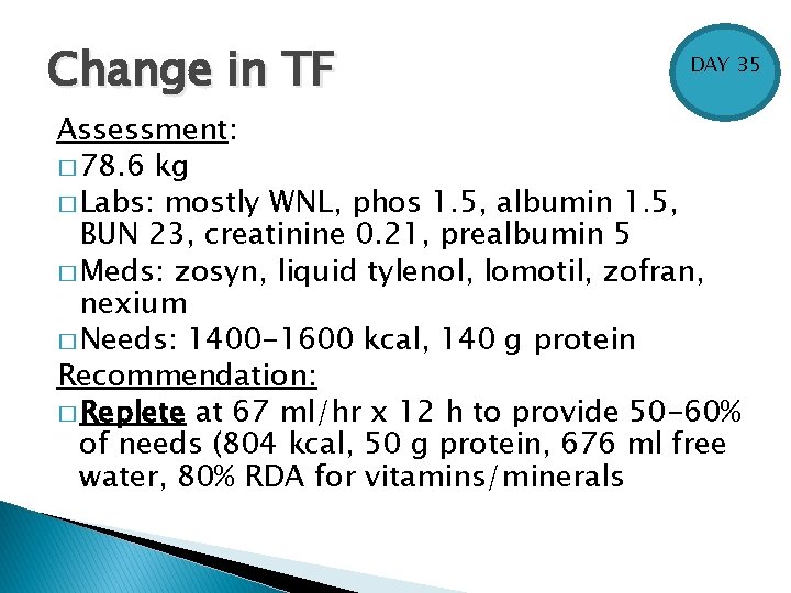 Change in TF DAY 35 Assessment: � 78. 6 kg � Labs: mostly WNL,