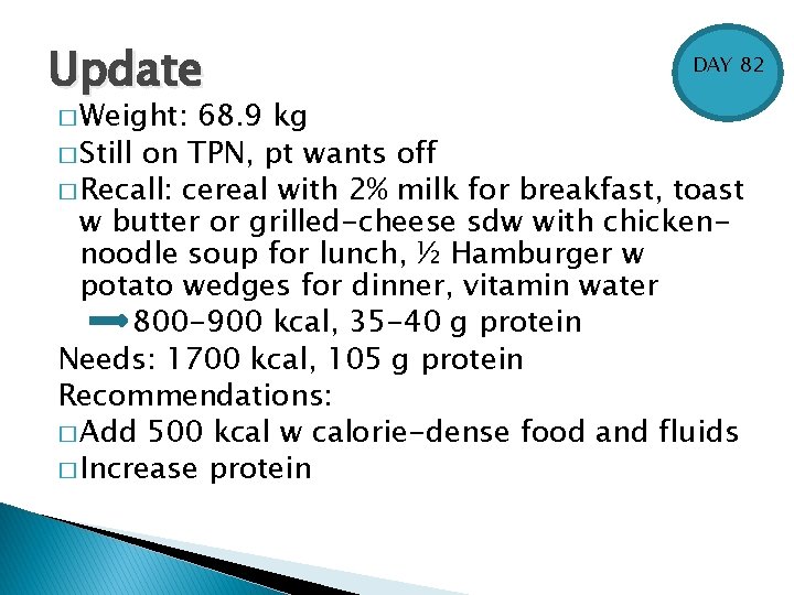 Update � Weight: DAY 82 68. 9 kg � Still on TPN, pt wants