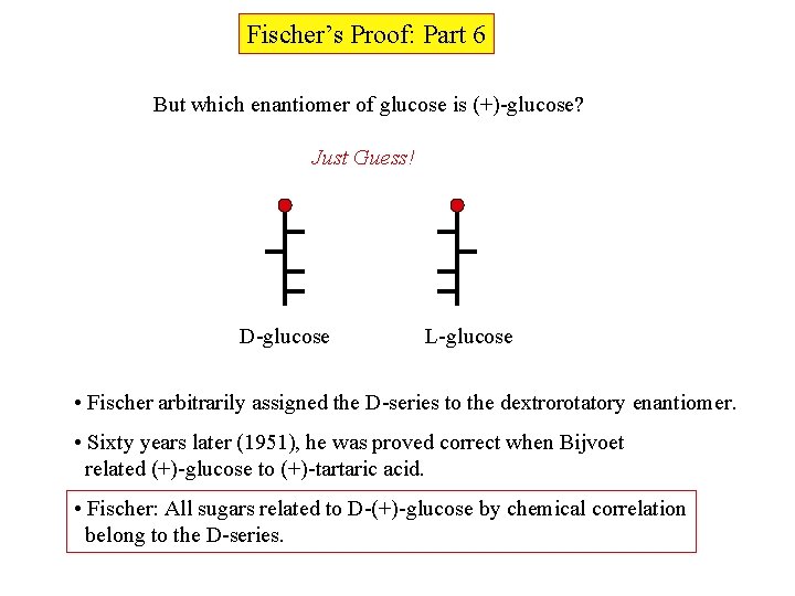 Fischer’s Proof: Part 6 But which enantiomer of glucose is (+)-glucose? Just Guess! D-glucose