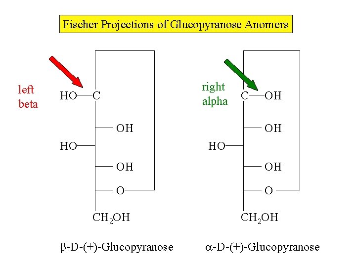 Fischer Projections of Glucopyranose Anomers left beta HO right alpha C OH HO C