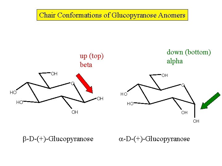 Chair Conformations of Glucopyranose Anomers down (bottom) alpha up (top) beta OH OH O