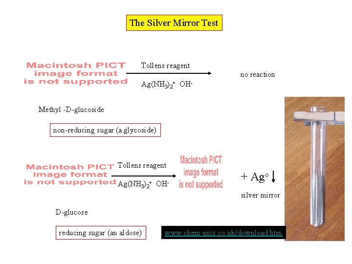 The Silver Mirror Test Tollens reagent no reaction Ag(NH 3)2+ OHMethyl -D-glucoside non-reducing sugar