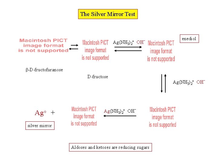 The Silver Mirror Test Ag(NH 3)2+ OH- enediol -D-fructofuranose D-fructose Ago + Ag(NH 3)2+