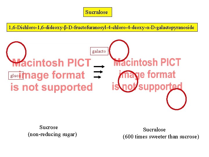 Sucralose 1, 6 -Dichloro-1, 6 -dideoxy-β-D-fructofuranosyl-4 -chloro-4 -deoxy-α-D-galactopyranoside galacto gluco Sucrose (non-reducing sugar) Sucralose