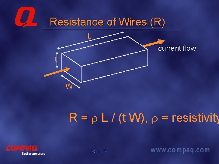 Resistance of Wires (R) L current flow t W R = L / (t