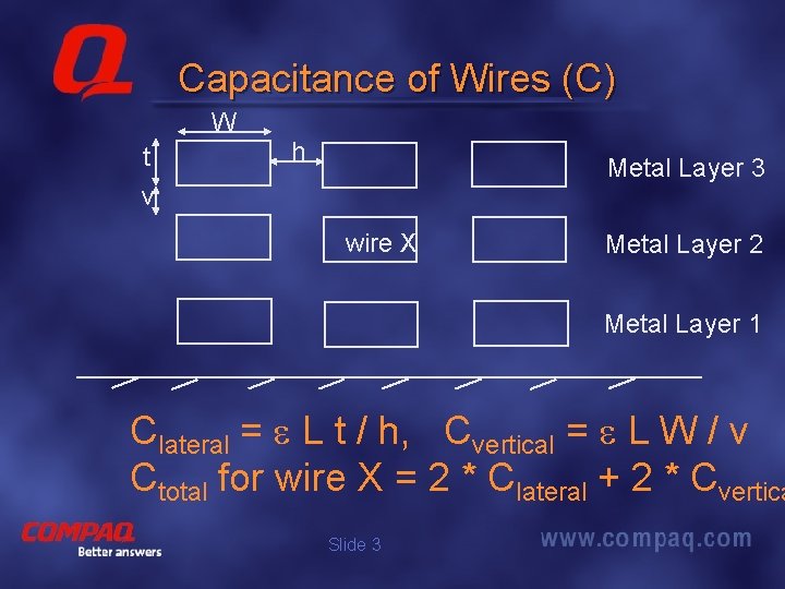 Capacitance of Wires (C) W t v h Metal Layer 3 wire X Metal