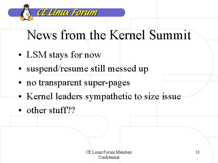 News from the Kernel Summit • • • LSM stays for now suspend/resume still