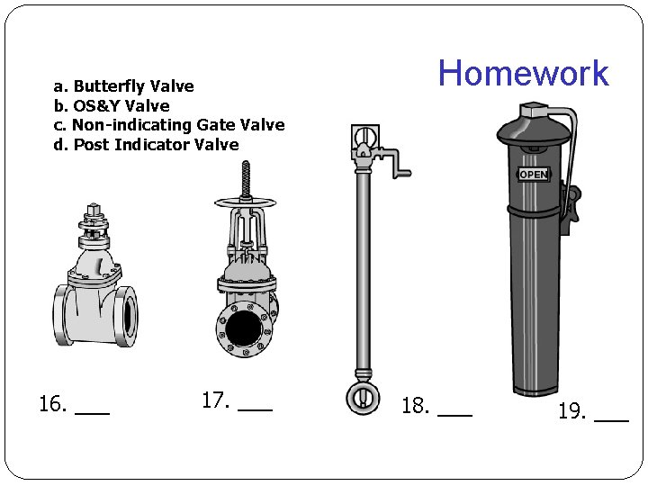 a. Butterfly Valve b. OS&Y Valve c. Non-indicating Gate Valve d. Post Indicator Valve