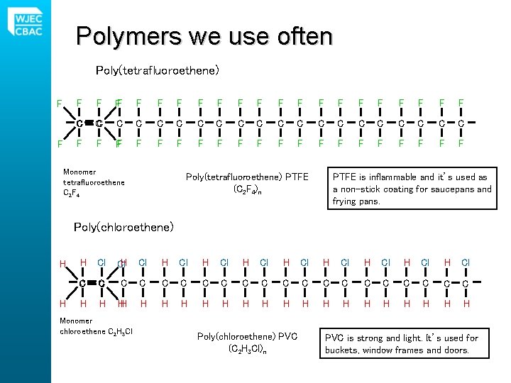 Polymers we use often Poly(tetrafluoroethene) F F FF F F F F C C