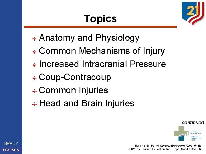 Topics l Anatomy and Physiology l Common Mechanisms of Injury l Increased Intracranial Pressure
