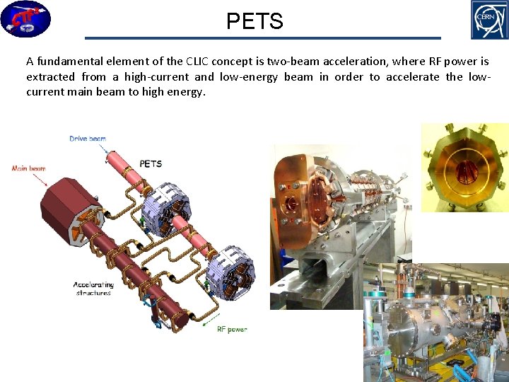 PETS A fundamental element of the CLIC concept is two-beam acceleration, where RF power