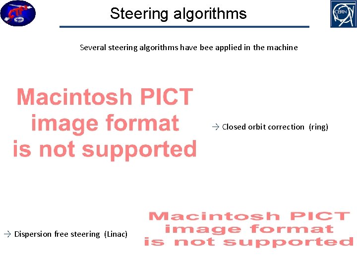 Steering algorithms Several steering algorithms have bee applied in the machine → Closed orbit