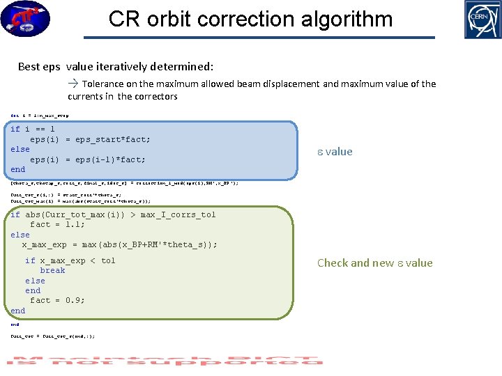 CR orbit correction algorithm Best eps value iteratively determined: → Tolerance on the maximum