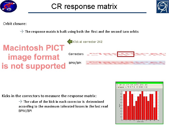 CR response matrix Orbit closure: → The response matrix is built using both the