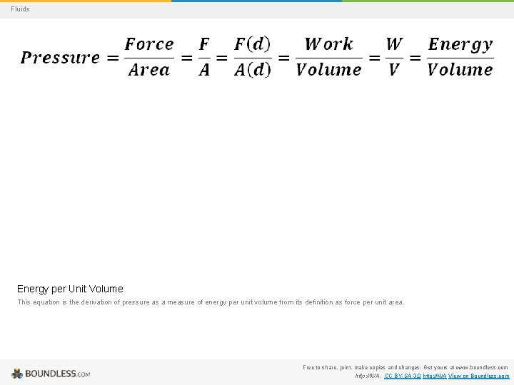 Fluids Energy per Unit Volume This equation is the derivation of pressure as a