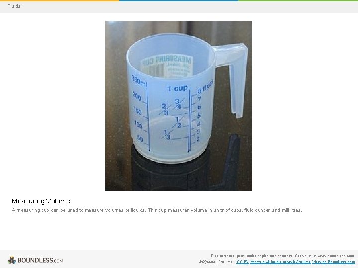 Fluids Measuring Volume A measuring cup can be used to measure volumes of liquids.