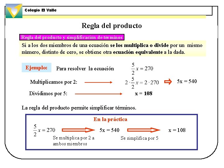 Colegio El Valle Regla del producto y simplificación de términos Si a los dos