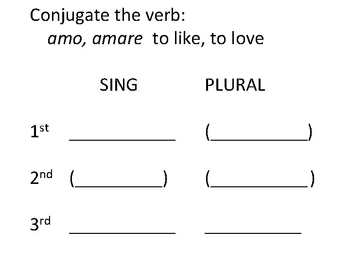 Conjugate the verb: amo, amare to like, to love SING 1 st ______ PLURAL