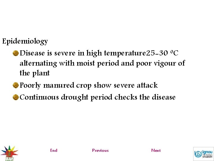 Epidemiology Disease is severe in high temperature 25 -30 0 C alternating with moist