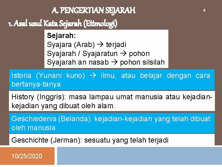 A. PENGERTIAN SEJARAH 1. Asal usul Kata Sejarah (Etimologi) 4 Sejarah: Syajara (Arab) terjadi