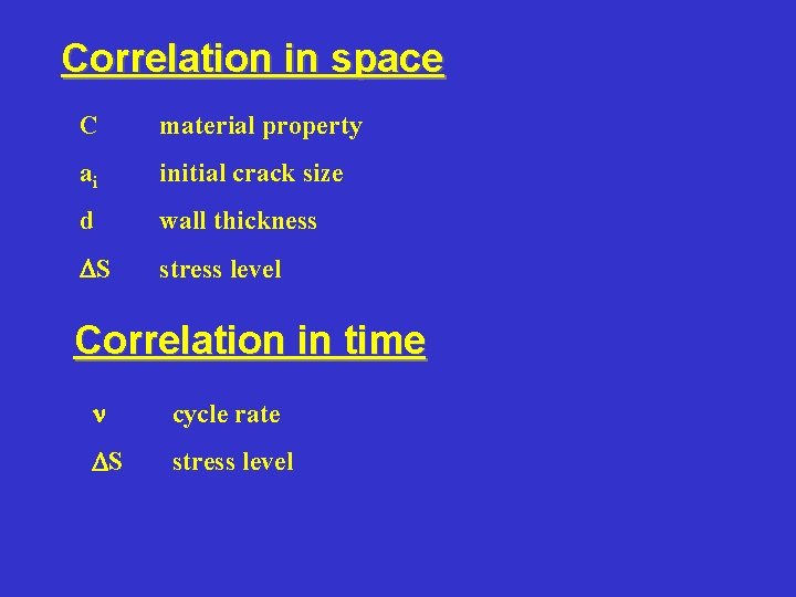 Correlation in space C material property ai initial crack size d wall thickness S