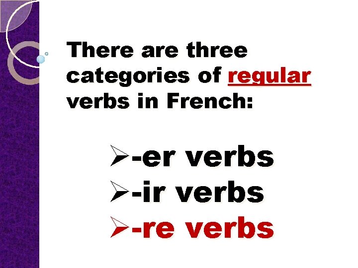 There are three categories of regular verbs in French: Ø-er verbs Ø-ir verbs Ø-re