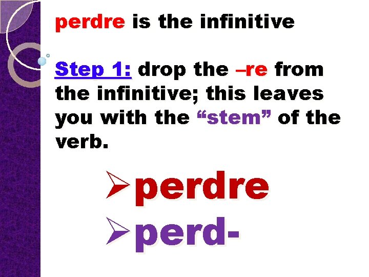 perdre is the infinitive Step 1: drop the –re from the infinitive; this leaves